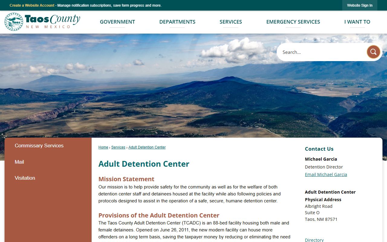Taos County Adult Detention Center inmate custody facility page