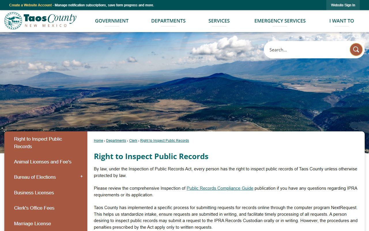 Taos County inmate records IPRA request page
