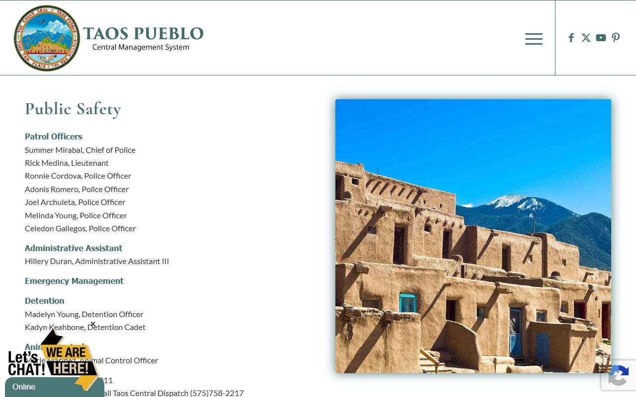Taos Pueblo Police Department Holding Facility public safety detention contact page